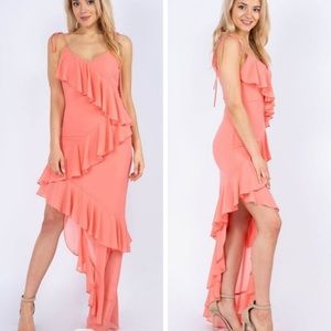 Coral asymmetrical hem ruffled maxi dress